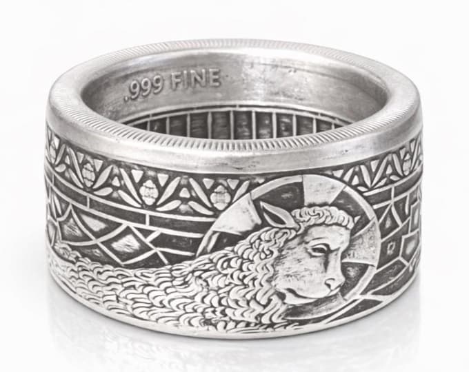 LIMITED EDITION:  "Lamb of God" Christian Coin Ring .999 Pure Silver Coin Ring (Shown in Antique Patina) Anniversary Ring, Catholic Rings