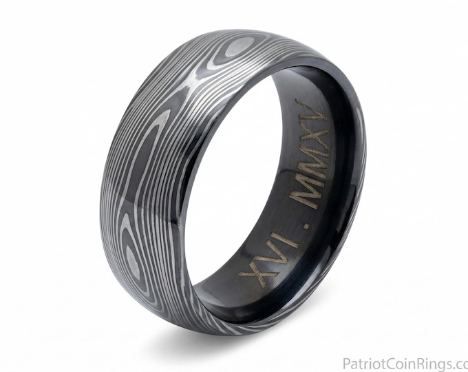 7mm Damascus Titanium Unisex Ring  (men or woman, wedding band replacement, anniversary ring, engagement ring, damascus style)