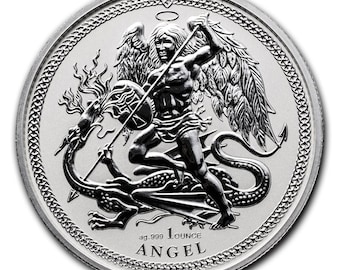 2018 Archangel Michael slaying the Dragon, Coin from Isle of Man, 1 Troy Ounce .999 Pure Fine Silver, Metal Plating Options Available.