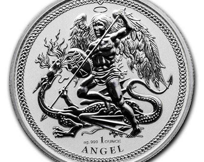 2018 Archangel Michael slaying the Dragon, Coin from Isle of Man, 1 Troy Ounce .999 Pure Fine Silver, Metal Plating Options Available.