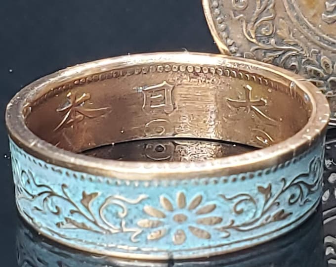 6mm Coin Ring (Bronze & Turquoise Blue), Japanese Jewelry, Floral Cherry Blossom Coin Ring, Paulownia 1 Sen 1916-1938 (US Size 3-14)