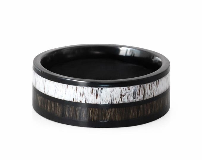 8mm White Tailed Deer Antler w/ Dark Koa Wood Inlay Ring (US Ring Sizes 4.5-14.5) Mens Band, Womens Wedding Ring Titanium Hunter Ring Band