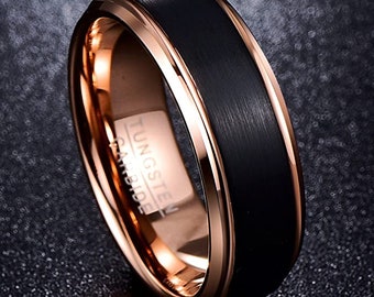 8mm Tungsten Carbide Ring in Black and 14k Rose Gold.  Groove Beveled Edge w/ Comfort Fit (Unisex Man or Women band) (US Ring Size 7-13)