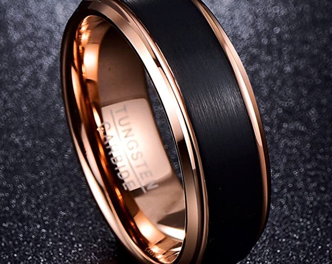 8mm Tungsten Carbide Ring in Black and 14k Rose Gold.  Groove Beveled Edge w/ Comfort Fit (Unisex Man or Women band) (US Ring Size 7-12)