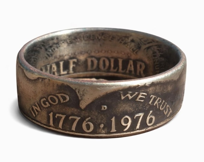 1776-1976 Bicentennial Silver Half Dollar Coin Ring w/ Patina Aged Finish | Double Sided |  Comfort Fit