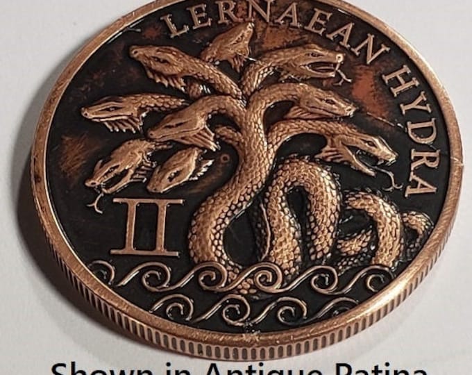 Lernaean Hydra Snakes, 2nd of the 12 Labors of Hercules, 1oz .999 BU copper round.