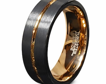 Rose Gold / Black 8mm Tungsten Carbide Ring Groove Beveled Edge Comfort Fit (Men's Wedding Ring, Engagement Band, Anniversary)