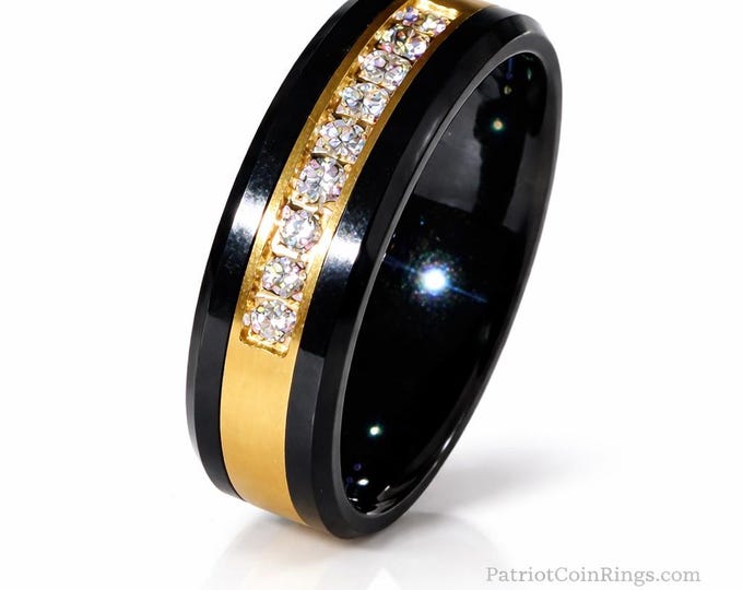 8mm Polished Tungsten Ring Yellow Gold Inlay / CZ Comfort Fit (Wedding, Engagement Ring, Unisex Tungsten Wedding Band) Size 6-16