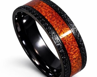 8mm Real Hawaiian KOA Wood Inlay over Braided Style Black Titanium Sides & Comfort Fit, Men's Wedding Band (US SIZE 7-15)