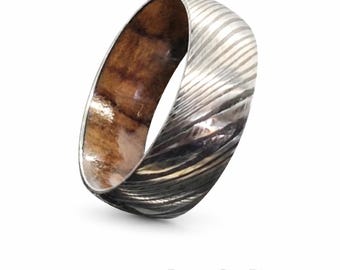 Genuine Damascus & Premium Quality Bethlehem /Holy Land /Figured Olive Wood Innerband Ring in your choice of Stain and Finish!