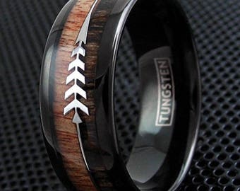 REG 289.95 - Koa & Zebra Wood with Two Silver Hunting Arrows Inlay Dome Black Tungsten Ring | engagement, wedding, anniversary band #777