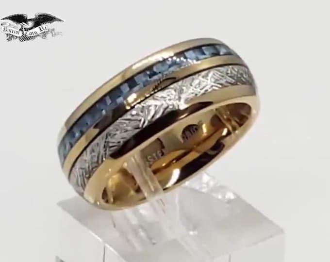 8mm 24K Gold Plated Tungsten Meteorite Dome Style & Sapphire Blue Carbon Fiber Inlay | engagement, anniversary, wedding rings