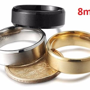 8mm Beveled Titanium Men&#39;s & Women&#39;s Stainless Steel Wedding Rings (18K Gold, Silver or Black).  engagement ring, promise ring, wedding band