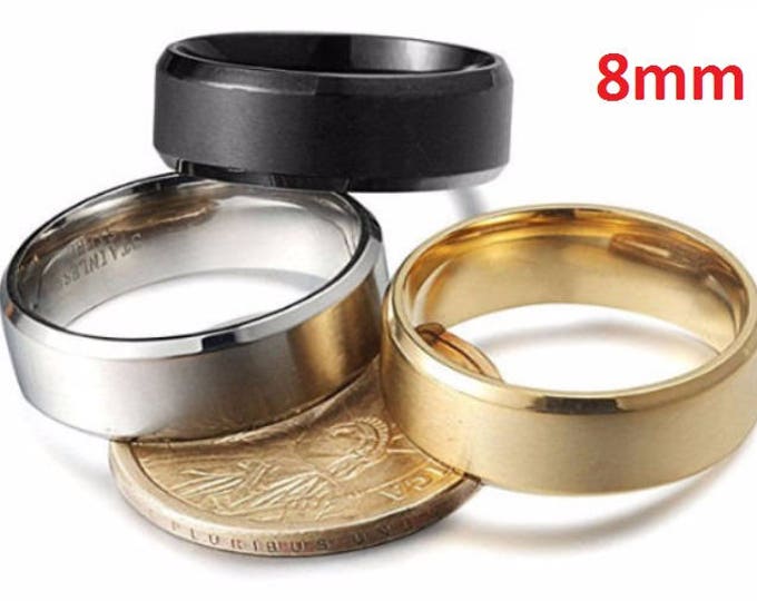 8mm Beveled Titanium Men's & Women's Stainless Steel Wedding Rings (18K Gold, Silver or Black).  engagement ring, promise ring, wedding band