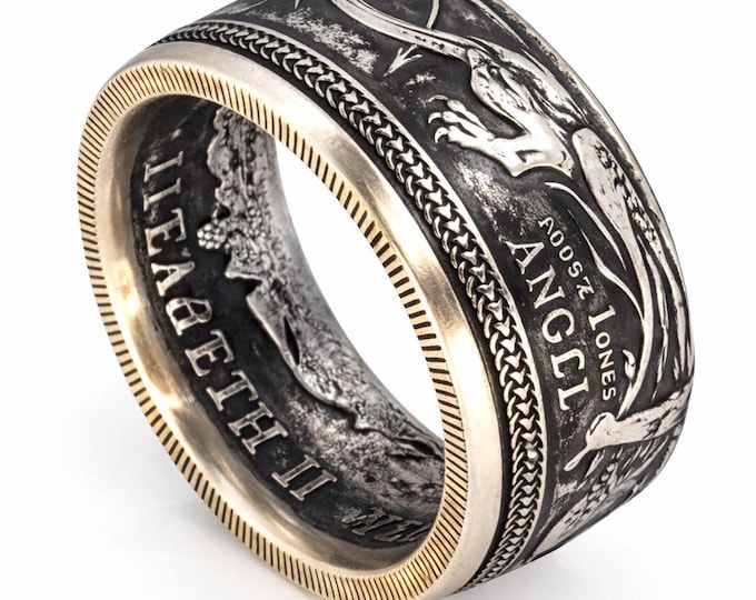 RARE 2018 Archangel Michael slaying the Beast!  Hand Crafted Ring from a Isle of Man Coin (US Size 5-18) 1 Troy Ounce .999 Pure Fine Silver