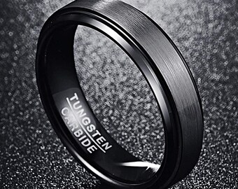6mm Men's Black Brushed Tungsten Carbide Ring, Beveled Edges, Wedding Band, Promise, Engagement, Cocktail, Anniversary.