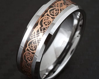 Reg 399.99 6mm Silver w/ 18K Rose Gold over Black Celtic Dragon Tungsten Carbide Classic Wedding Band (Good Luck Ring) US Size 5-9