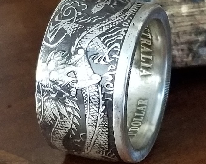 VERY RARE 2017 Dragon & Phoenix  .9999 Pure Silver Dollar Coin Ring (Australian Coin - Tibetan | Chinese Art) Various Precious Metal Options
