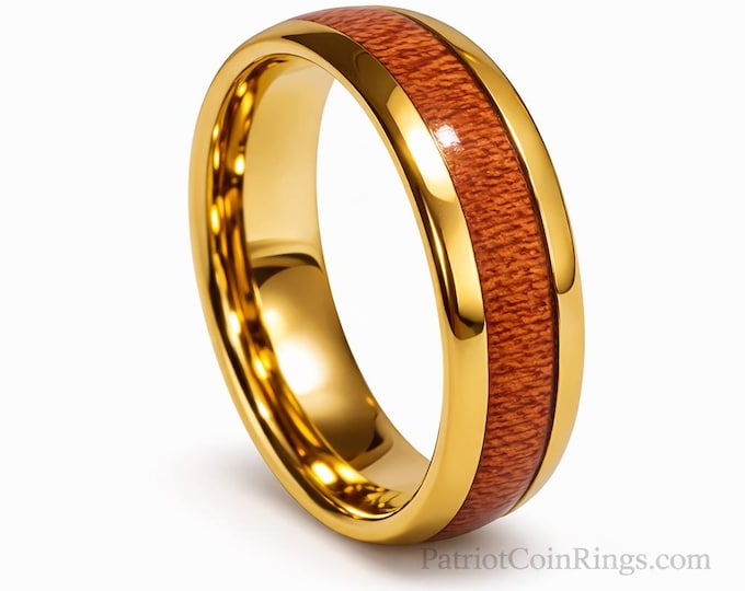 8mm 14k Gold Plated Tungsten Carbide & Sequoia Coast Red Wood | Vintage Dome Wedding Band, Engagement Ring, Men or Woman (Band Sizes 6-16)
