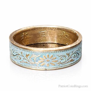 6mm Coin Ring (Bronze & Turquoise Blue), Japanese Jewelry, Floral Cherry Blossom Coin Ring, Paulownia 1 Sen 1916-1938 (US Size 3-14)