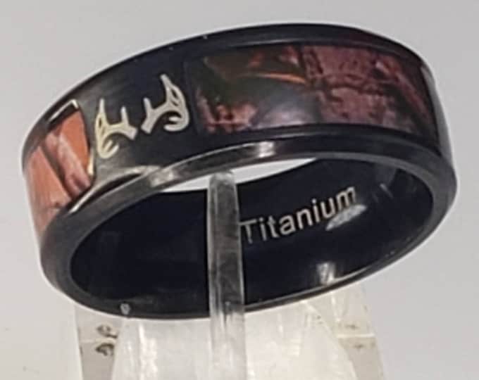 8mm Brown/Black Titanium Rings Tree Camouflage Deer Antler Engraving FREE of Charge - Wedding, Engagement, Anniversary, Birthday! (US 8-14)