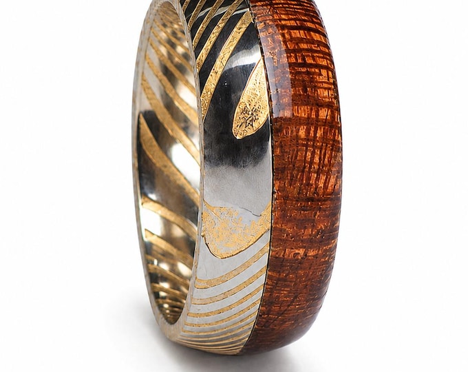 8mm Silver w/ a hint of 14k Gold in the Damascus veins & Rosewood side-channel Mens Wedding Ring Dome Wedding Band | Engagement | Sizes 6-15