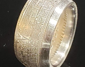 1oz Aztec Calendar 9999 Solid Silver Coin Ring (Tonatiuh Sun Stone ~ Emperor Cuauhtémoc) Rare Silver Mayan hand forged coin rings Size 4-24