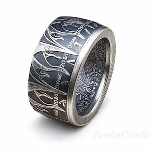 Silver "Pieces of Eight," "Praedatum in Mundo" (Latin) Antiqued - A Predatory World - .999 Pure Silver Coin Ring (pirates of the Caribbean)