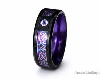 8mm Purple Carbon Fiber Ring, Black Tungsten Carbide Wedding Ring, Silver Celtic Dragon, Purple Cubic Zirconia, US Sizes 7 to 13.