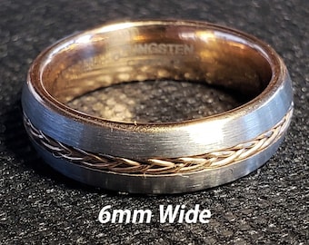 6mm Tungsten Carbide Band in Gun Metal Grey w/ Rose Gold Celtic Inspired Braided Rope Inlay & Rose Gold Inner Band - Comfort Fit - Size 4-10