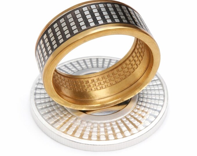 Geometric Radial Coin Ring, 24K Gold, Black Rhodium, & Silver Handforged from a Solid Silver Radial Bullion Round Coin (US Sizes 5-23)