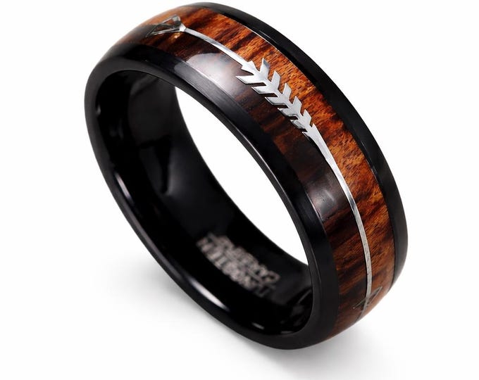 8mm Real Hawaiian KOA Wood Inlay over Black Titanium with Comfort Fit Band, Vintage Wedding Engagement Promise Band