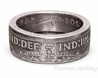 British Silver Coin Ring, Two Shillings, Tudor Rose & Shamrock (1937-1951) George VI 2 Shilling