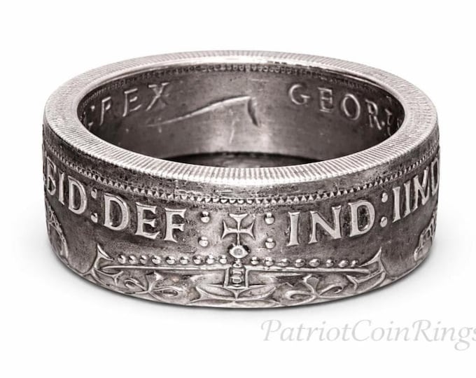 British Silver Coin Ring, Two Shillings, Tudor Rose & Shamrock (1937-1951)