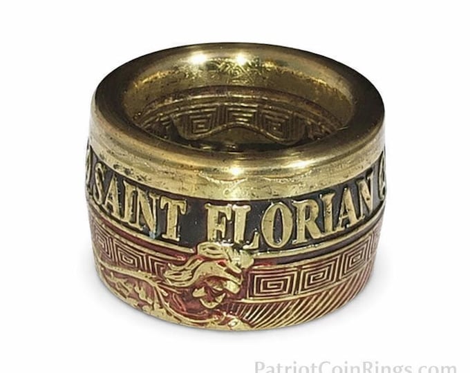 St. Florian Patron Saint of Firefighters | converted challenge Coin Ring! Powder Coated Red & Brass Option! LAFD, NYFD, military, rescue