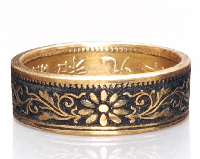 6mm Coin Ring (Bronze & Gloss Black), Japanese Jewelry, Floral Cherry Blossom Coin Ring, Paulownia 1 Sen 1916-1938 (US Size 3-14)
