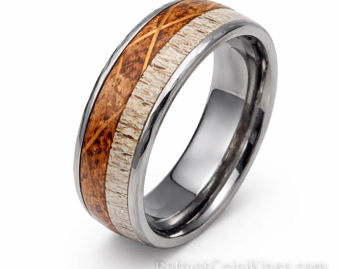THE HUNTER: 10mm wide White Tail Deer Antler & Whiskey Barrel Wood over Tungsten sporting thin Hammered sides and Comfort Fit innerband Ring