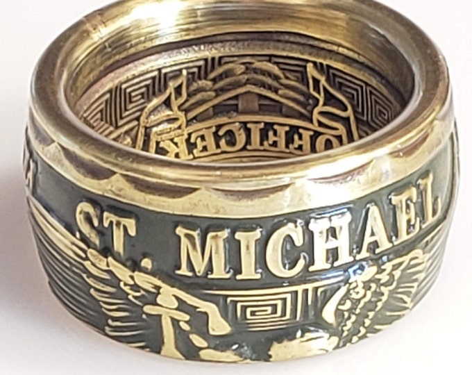 St. Michael Patron Saint of Law Enforcement | MP | Security |  converted challenge Coin Ring! Powder Coated Police Officer OD Green & Brass