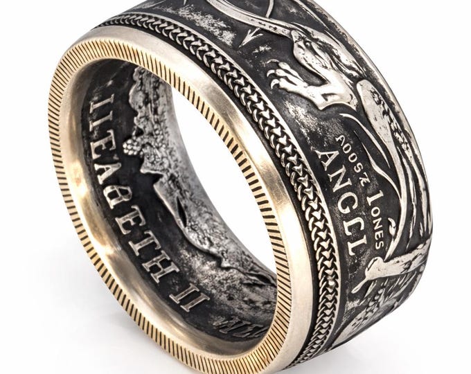 RARE 2018 Archangel Michael slaying the Beast!  Hand Crafted Ring from a Isle of Man Coin (US Size 5-18) 1 Troy Ounce .999 Pure Fine Silver