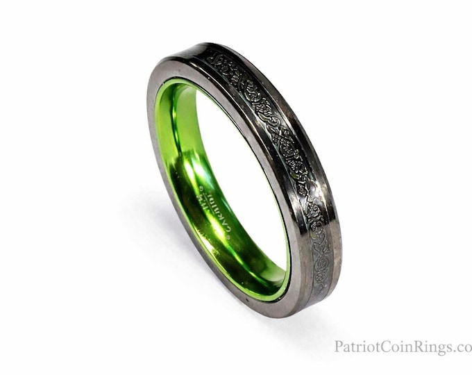4mm Irish Green Carbon Fiber and Black Celtic Inlay over Black Tungsten Carbide and Green Inner Band (Wedding Ring, Engagement, Anniversary)