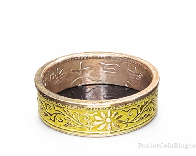 6mm Coin Ring (Bronze & Lemon Yellow), Japanese Jewelry, Floral Cherry Blossom Coin Ring, Paulownia 1 Sen 1916-1938 (US Size 3-14)