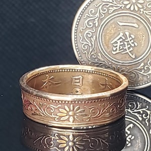 6mm Coin Ring (Bronze & Peach), Japanese Jewelry, Floral Cherry Blossom Coin Ring, Paulownia 1 Sen 1916-1938 (US Size 3-14)