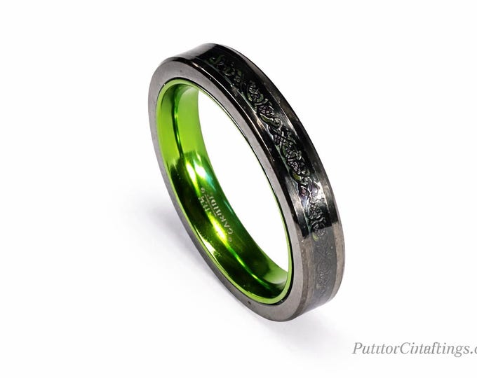 4mm Irish Green Carbon Fiber and Black Celtic Inlay over Black Tungsten Carbide and Green Inner Band (Wedding Ring, Engagement, Anniversary)