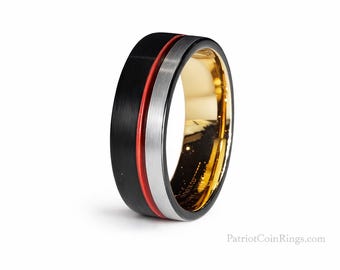 8mm Thin Red Line - Thin Blue Line Brushed Black & Silver Tungsten Carbide over 18k Rose Gold Ring (Police, Law Enforcement, Fire Fighter)