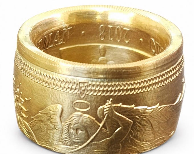 RARE 2018 Archangel Michael slaying the Beast!  Hand Crafted Ring from a Isle of Man Coin (US Size 5-18) 1 Troy Ounce .999 Pure Fine Silver