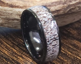 8mm Black Tungsten Ring w/ Genuine Deer Antler inlay (Wedding Ring, Engagement Ring, Anniversary Band, Men's Comfort Fit Ring) US Sizes 4-17