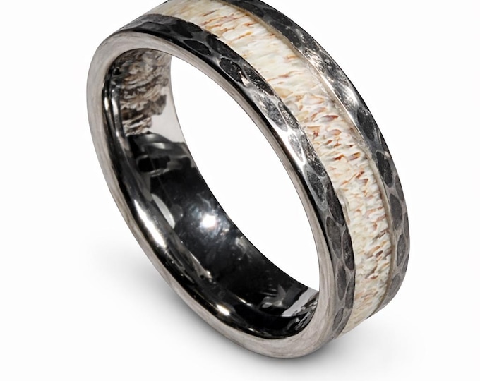 8mm Silver Tungsten with Hammered Sides & Genuine Deer Antler Inlay (Wedding Band, Engagement, Anniversary, Hunters) Sizes 4-18