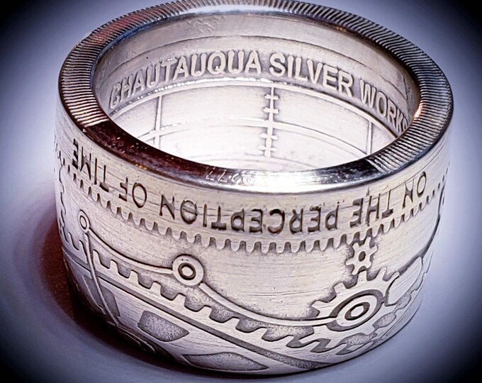 COIN RING!  Made from "Shifting Gears On Perception Of Time" .999 Pure Silver Coin Ring Size 5-18  (T.I.M.E. Series #1) Steampunk, Gearheads