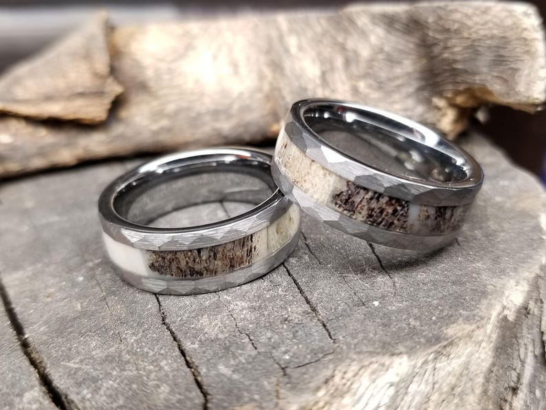 8mm Silver Tungsten with Hammered Sides & Genuine Deer Antler Inlay Wedding Band, Engagement, Anniversary, Hunters Sizes 4-18 image 2