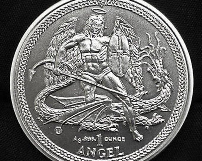 2015 Archangel Michael slaying the Dragon, Coin from Isle of Man, 1 Troy Ounce .999 Pure Fine Silver, Metal Plating Options Available.